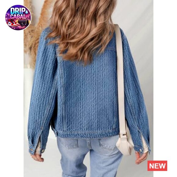 Oversized Boyfriend Jean Jacket Textured Denim Long Sleeve Button Up Tunic - Picture 2 of 7